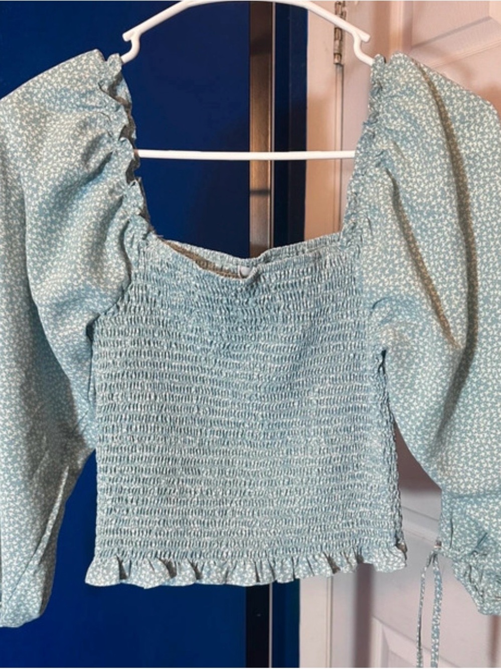 Princess Polly Light Blue Smocked Square-Neck Puff Sleeve Top